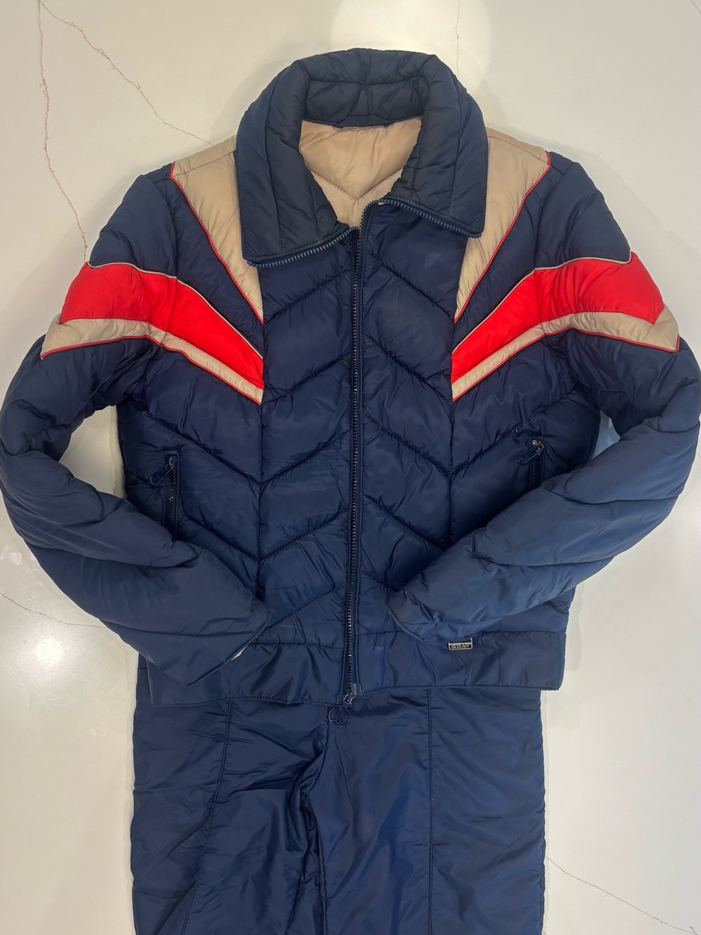 Mountain Goat By White Stag Navy Ski Jacket with Red and Beige Chevron Accents